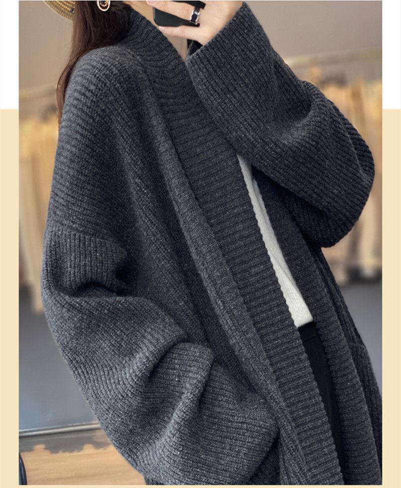 Women's Clothing 2023 mid length lazy style knitted cardigan women's loose design lapel thickened solid color sweater_voghion.com