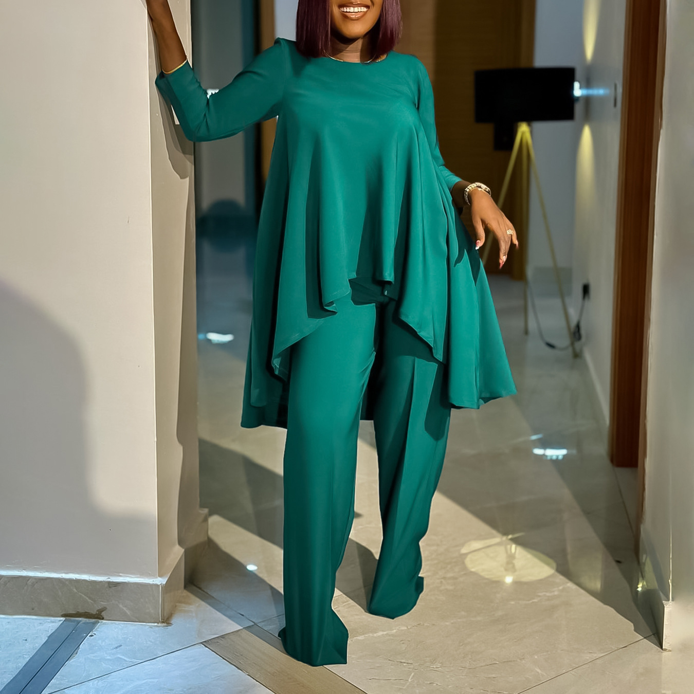 Women's Clothing fashionable temperament large size long sleeved tops wide leg pants suit