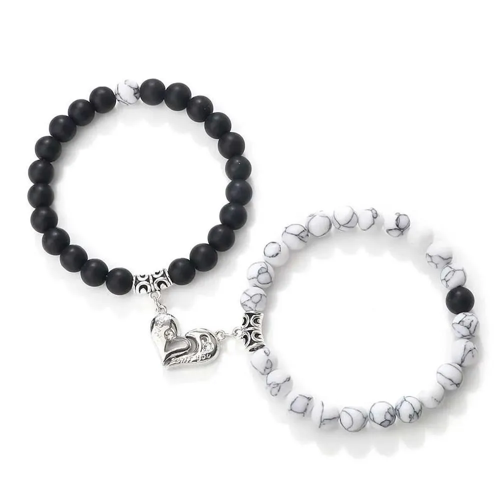 2 Stéck/Set Häerzfërmeg Magnéitesch Koppelarmbänner aus Natursteenperlen, charmant Magnete, passend Kaddoe fir Léifsten_voghion.com