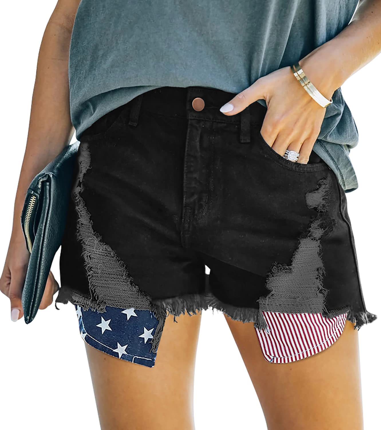pocket stars and stripes flag ripped tassel jeans short_voghion.com
