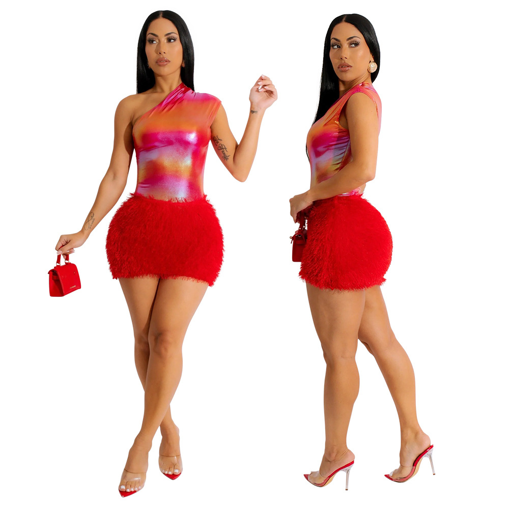 Women's Clothing New Product Fashion Sexy Slim Fit Hip Covering Bright Leather Knitted Wool One Shoulder Short Skirt_voghion.com