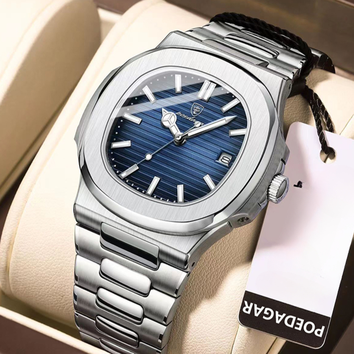 Montre à quartz carrée pour homme, montre-bracelet en acier inoxydable avec date lumineuse