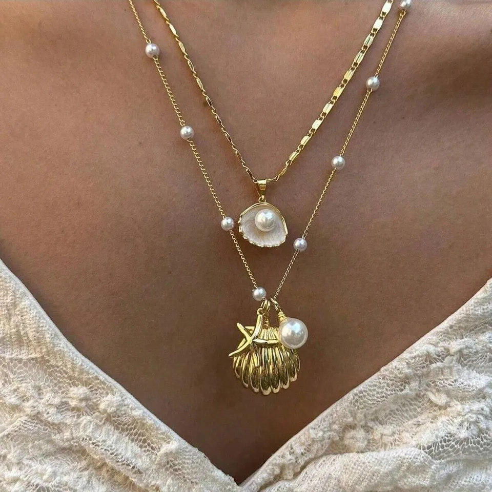Parure collier multicouche pendentif coquillage perle style boho or_voghion.com