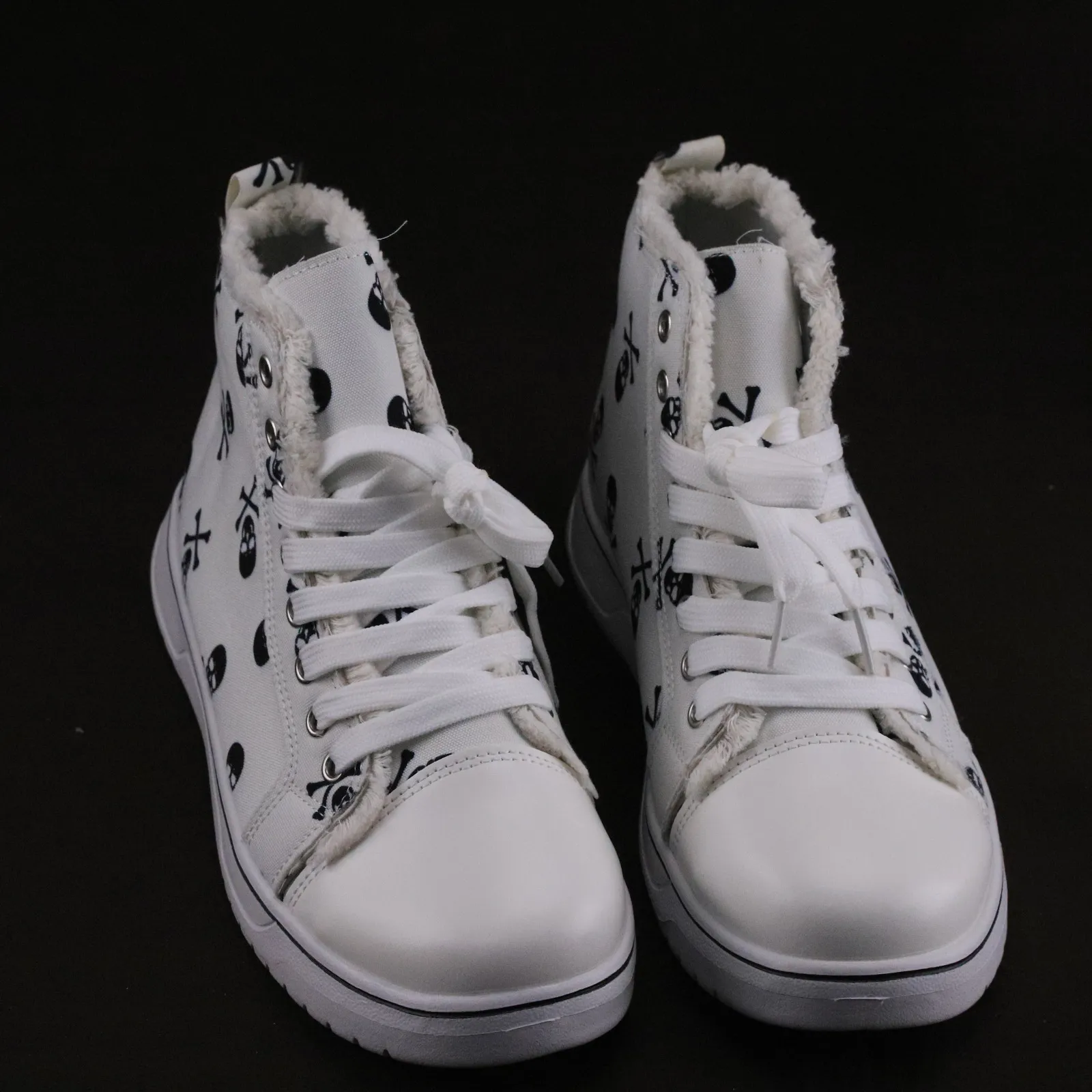 Grote Halloween schedelbot 3D geprinte hoge veterschoenen van canvas, platte bodem boardschoenen voor dames_voghion.com