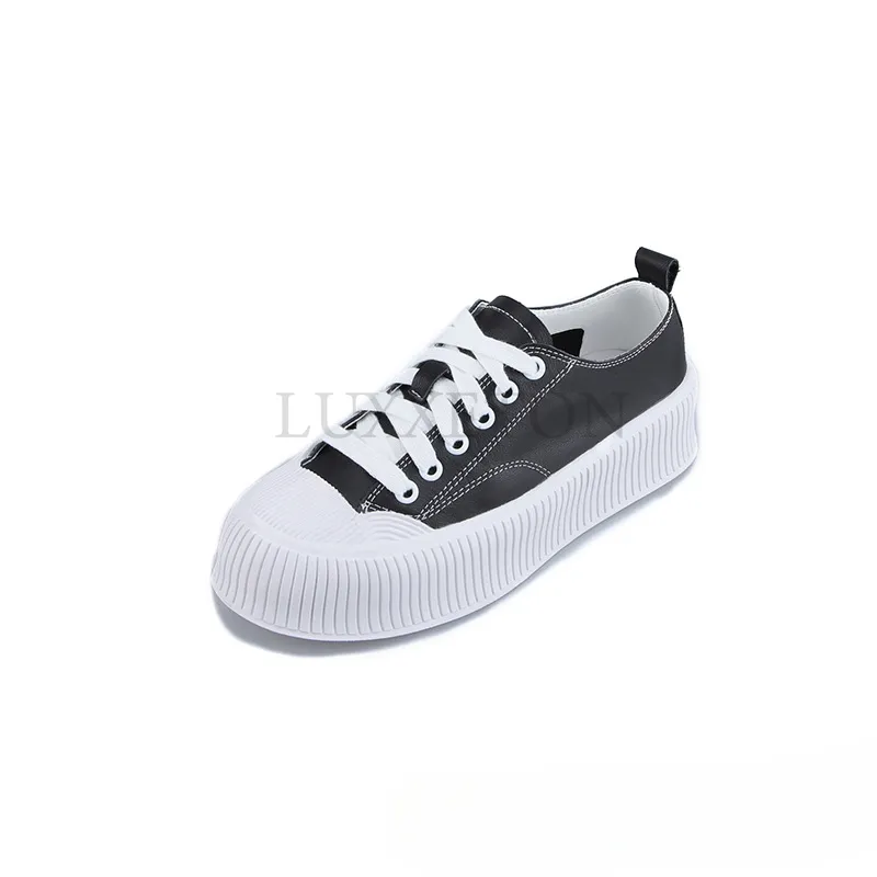 Genuine Leather Thick Sponge Cake Sole Canvas Shoe Mesh Surface For Comfortable Breathable Versatile Casual Board Shoes_voghion.com