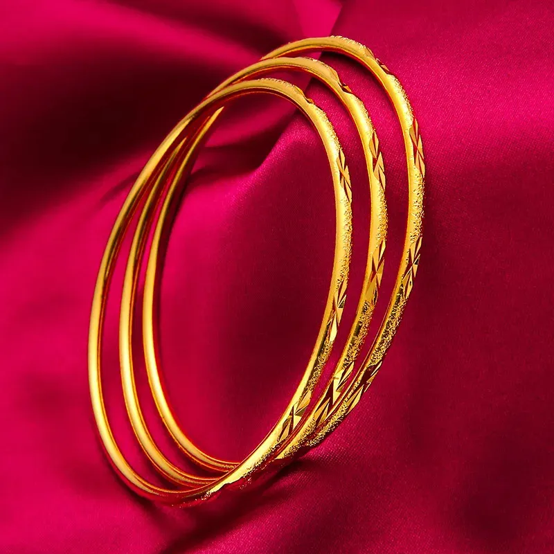 Golden Bangle Set For Women Smooth Round Cuff Bracelets 3 Piece_voghion.com