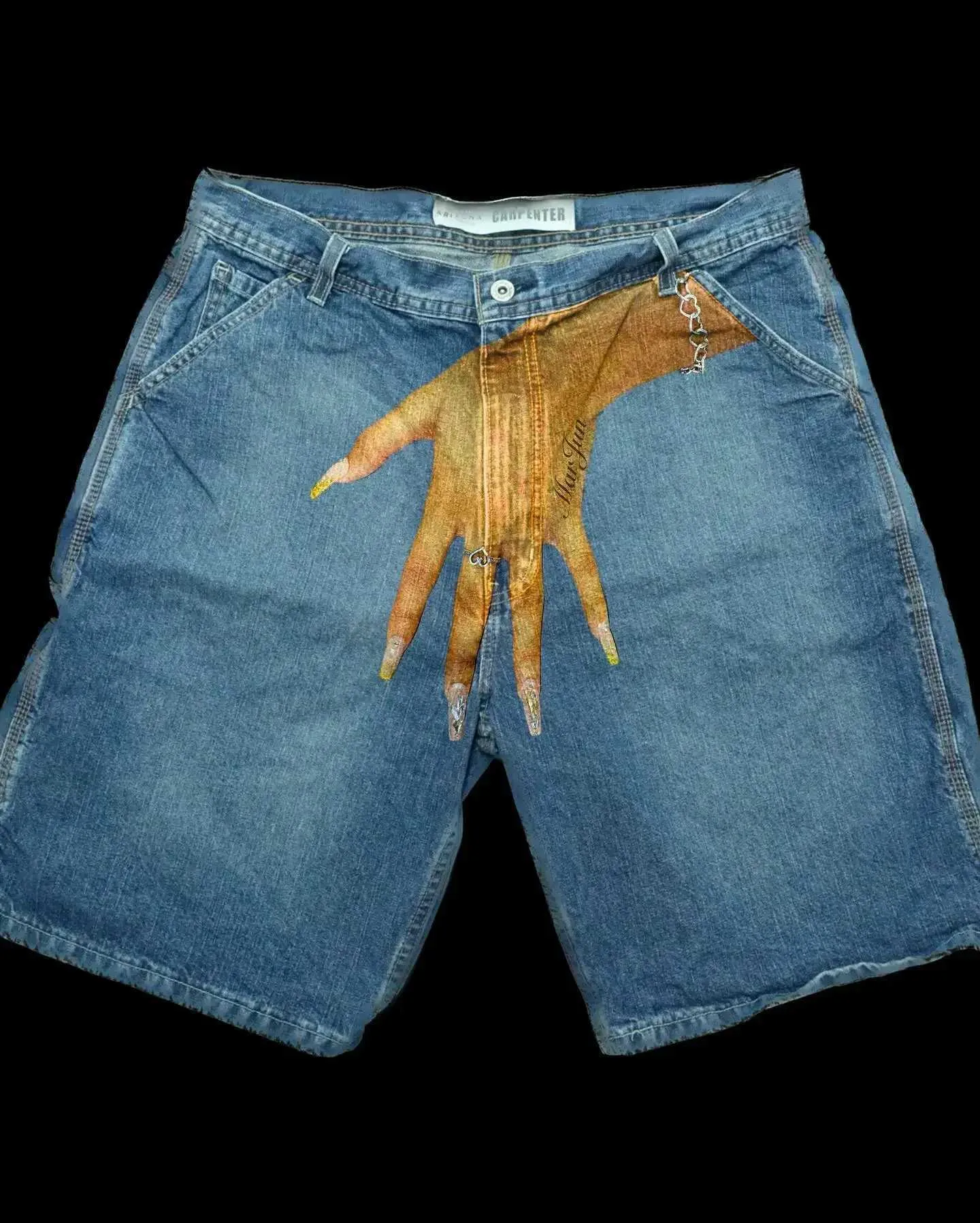 Pantaloni sportivi da uomo in denim con stampa a mano, stile retrò hip-hop, blu, Y2K, gotici, Haruku, pantaloncini da basket, pantaloni lunghi X240914_voghion.com