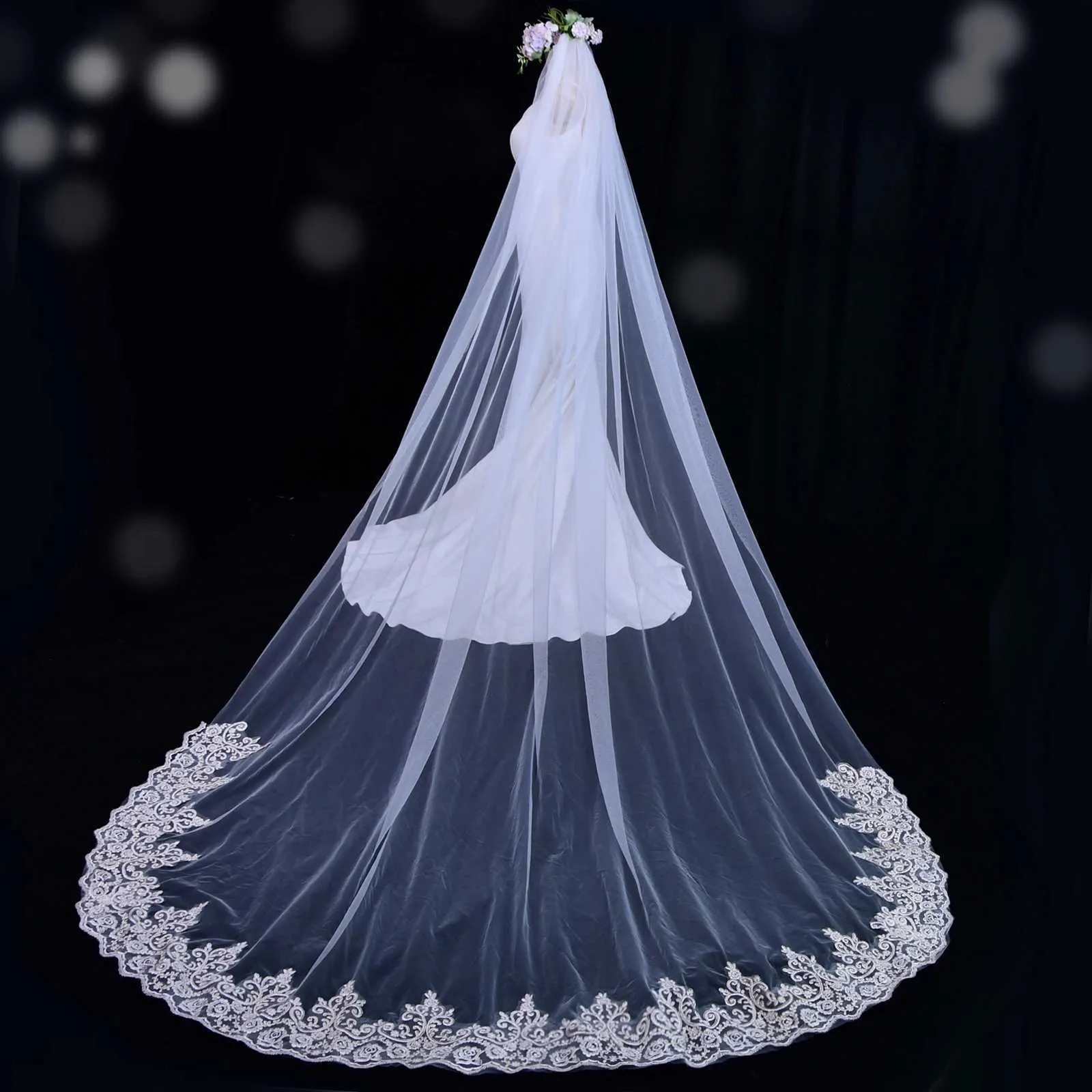Gioielli per capelli V70 Velo lungo con bordo in pizzo Appliques Veli da sposa 1 strato Tulle morbido con pettine Accessori da sposa per la sposa_voghion.com