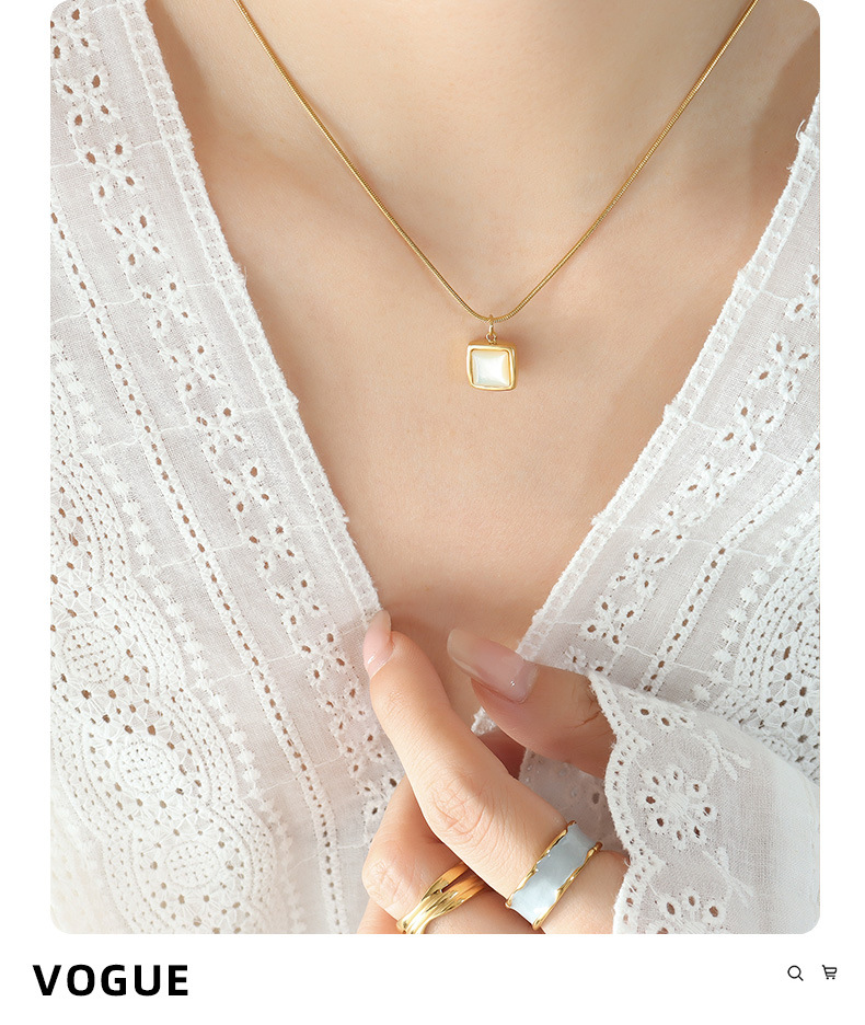 French Instagram Cool Wind Square White Sea Shell Pendant Necklace with Small Design Titanium Steel Gold Plated Round_voghion.com