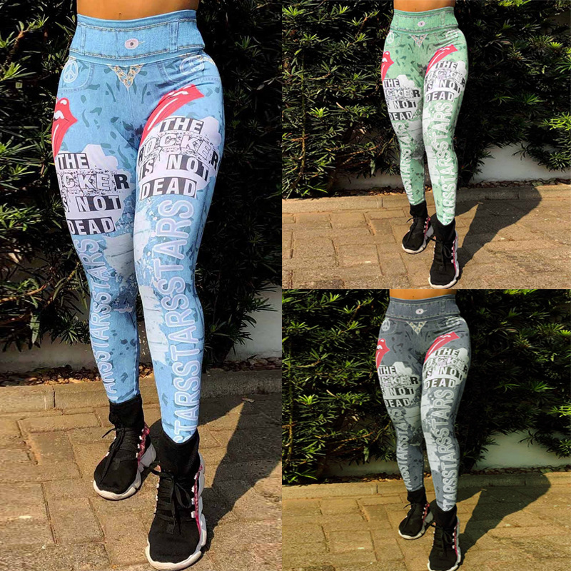 Women's New Style Women's Big Tongue Letter Printed Yoga Pants High Waist Imitation Denim Fitness Pants Sports Yoga_voghion.com