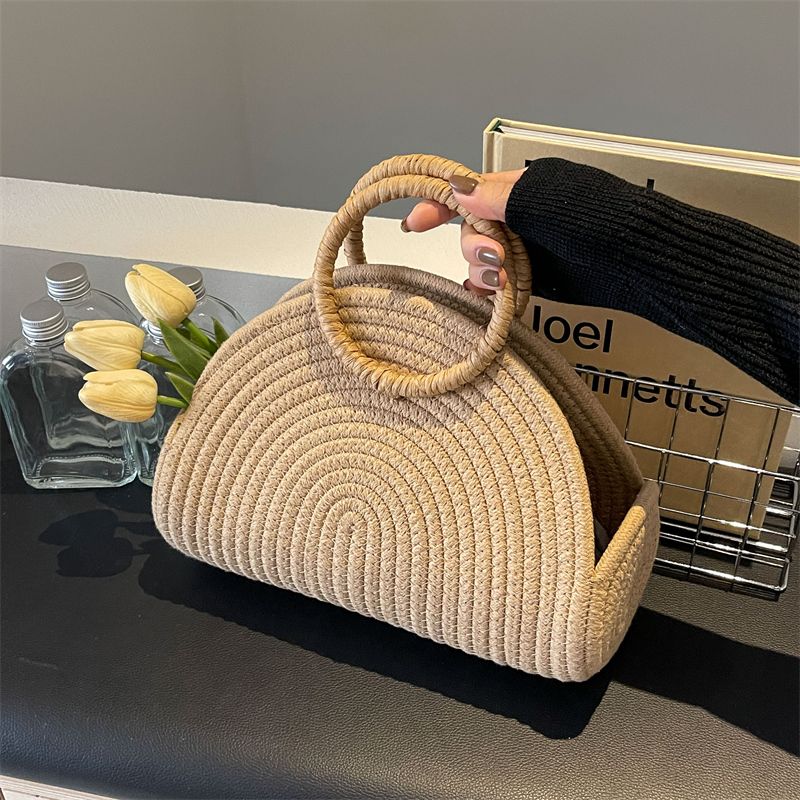 Women's Straw Solid Color Classic Style Weave Pillow Shape Open Beach Bag_voghion.com