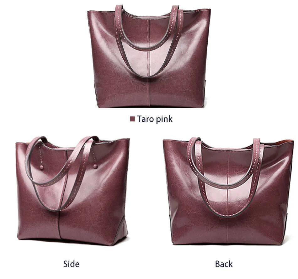 Zency Soft Cowhide Leather Fashion Women Shoulder Retro Brown Tote Handbag Large Capacity Lady Shopping Bag Black Grey_voghion.com