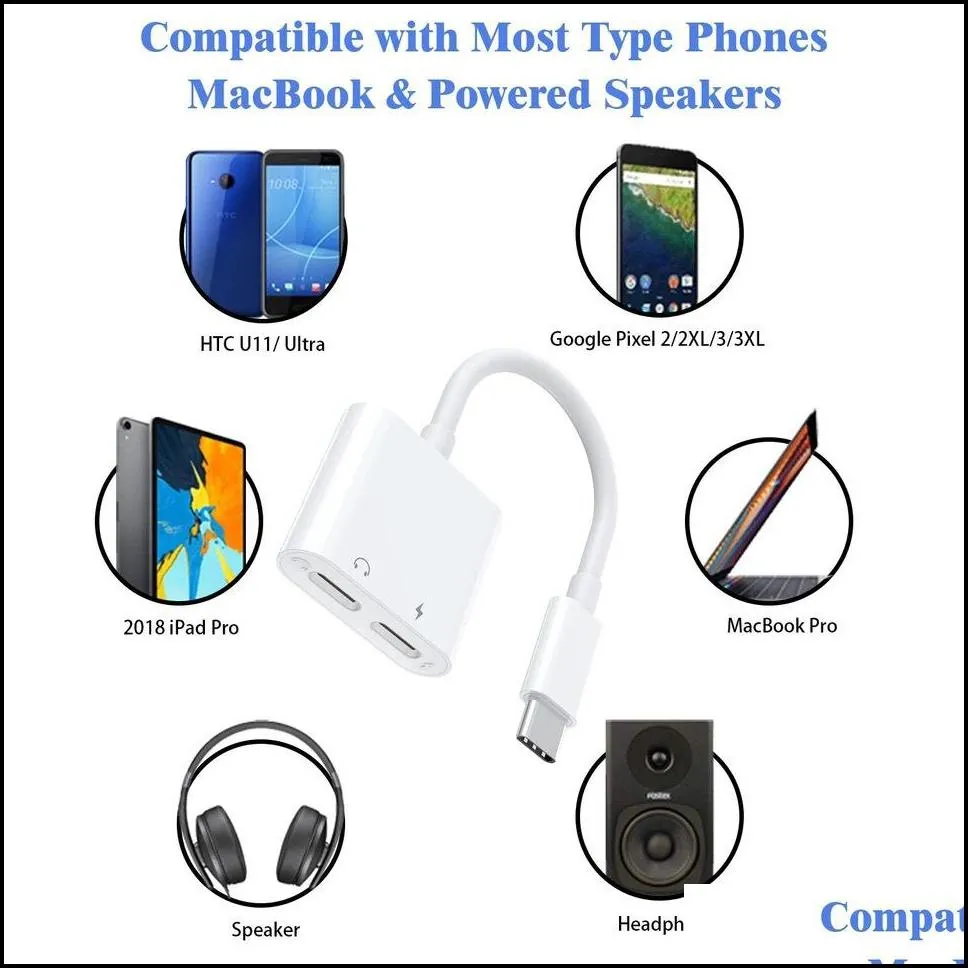 Cell Phone Cables Charger Adapter 2 In 1 Usb C To Headphone Audio Noise Cancelling For Smart Mobile Phone289T Drop_voghion.com