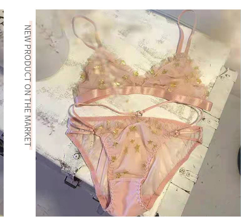 Women's clothing soft and cute girl bra set star print lace triangle cup light breathable suspender underwear set_voghion.com