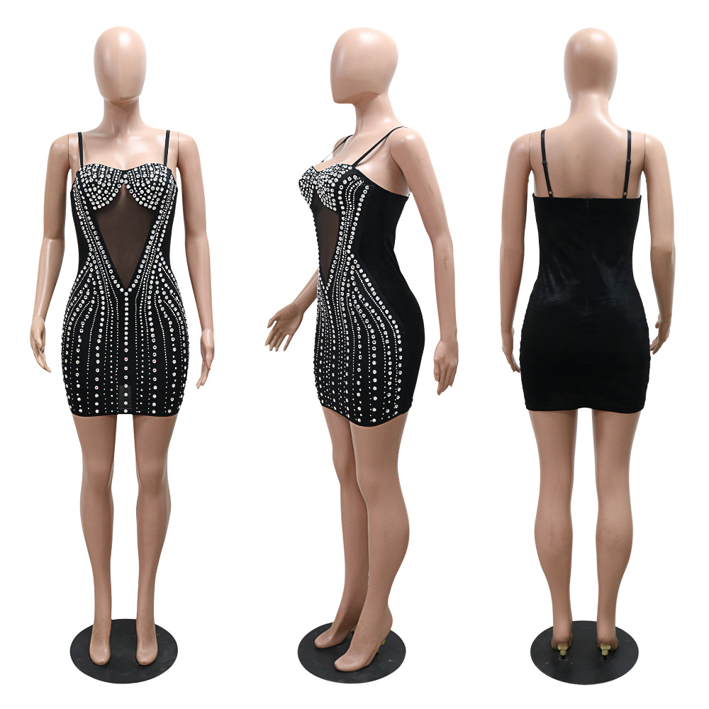 Damenbekleidung, sexy, heißes, durchsichtiges, hüftbedeckendes, ärmelloses Strapskleid aus Diamant-Samt-Spleißnetz für Damen_voghion.com