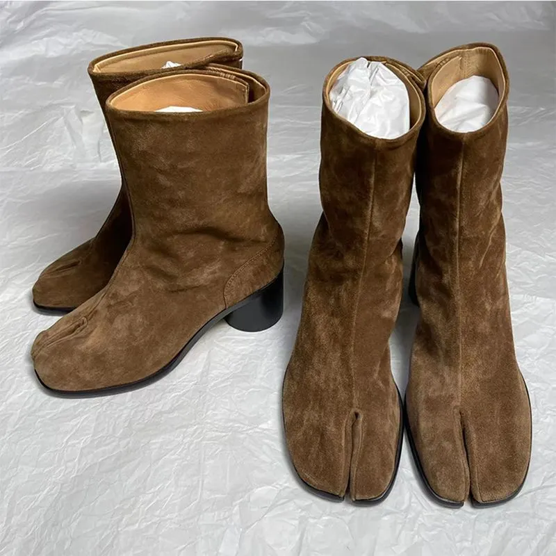 Women Ankle Boot Fahion Autumn Winter Soft Leather Split Toe Tabi Thick High Heel Chunky Shoe In Style Short_voghion.com