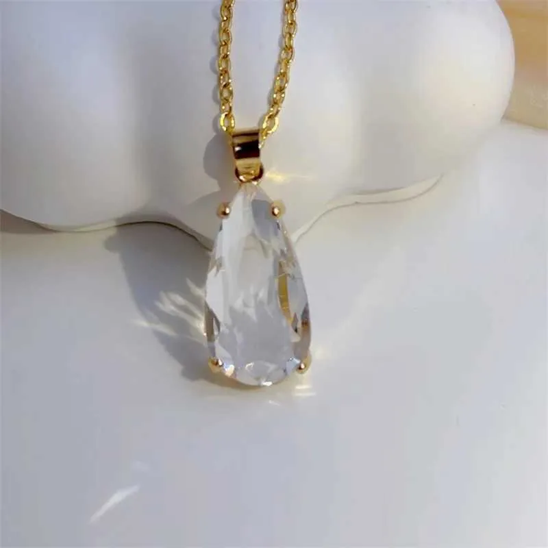 Collane con ciondolo alla moda, squisita, goccia d'acqua, collana di gioielli trasparenti, classica personalità, leggera, in acciaio inossidabile_voghion.com