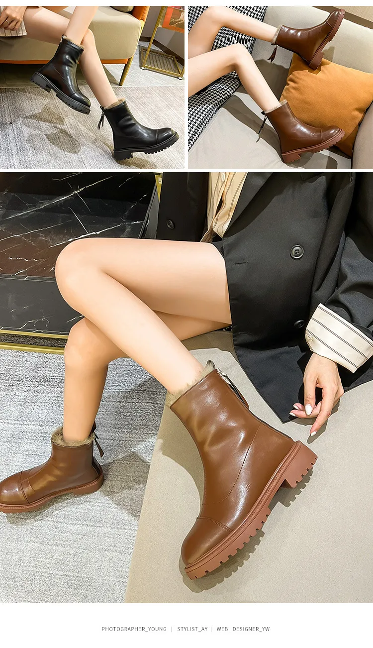 Kurze, knielange Ritterstiefel aus Plüsch mit runder Sohle und dickem Absatz in Volltonfarbe und schmaler Passform mit hohem Schaft für Damen_voghion.com