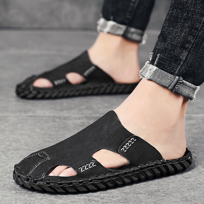 Baotou Herren Sommer Strandsandalen Leder rutschfeste Slipper Fauler Mann ohne Absatz Halbschuhe_voghion.com