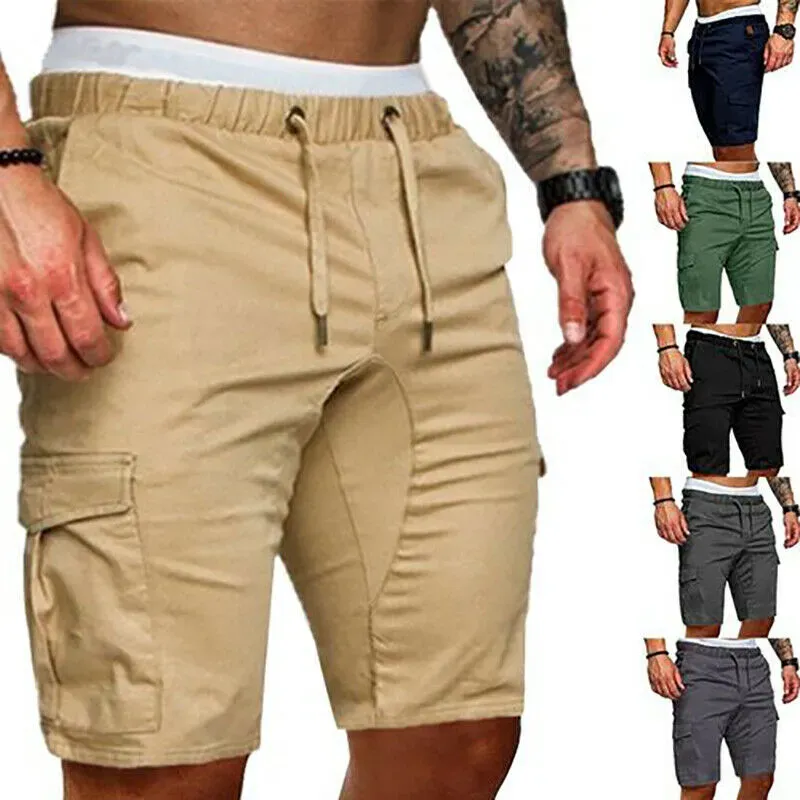 Hot Mens Summer Casual Shorts Solid Color Pocket Gym Sport Running Workout Cargo Jogger Trousers Black Navy Blue Khaki_voghion.com
