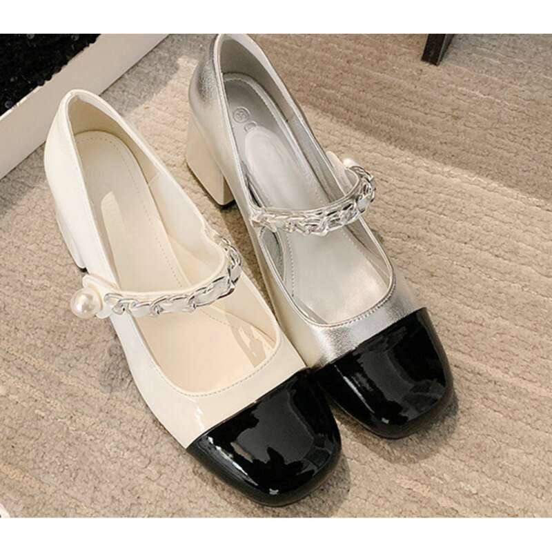 Chambray-Schuhe, Perlenleder, Damen, Schwarz-Weiß, modisch und vielseitig_voghion.com
