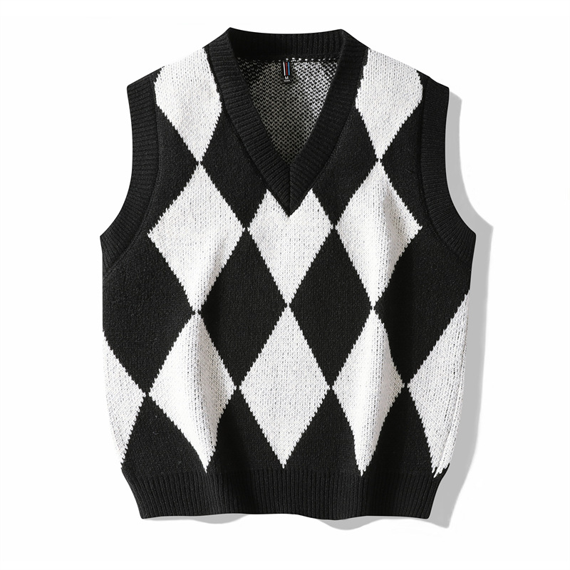 Canotta autunno e inverno nuovo gilet da uomo con scollo a V ispessito senza maniche, canotta con griglia a rombi, colore a contrasto_voghion.com