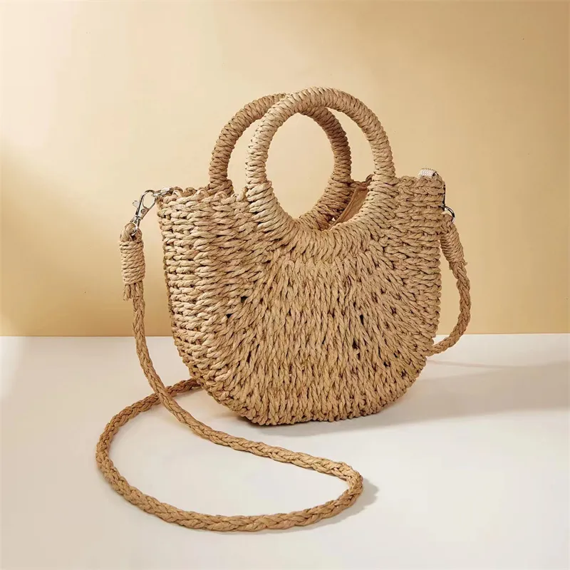 Sommer-Handgefertigte Taschen für Frauen, Weben, Damen, Strohumwickelte Strandtasche, Mondförmige Handtaschen mit Griff oben_voghion.com
