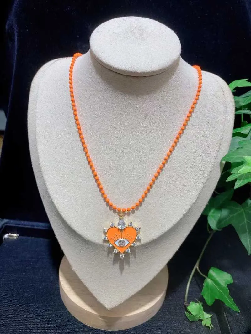 Anhänger Halsketten Farbe Emaille Kugel Perlenketten Halskette CZ Pave Auge Herz Charm Link Frauen Mädchen Schmuck GeschenkeAnhänger_voghion.com