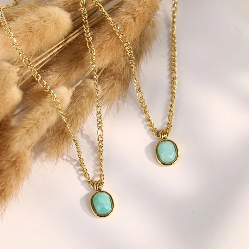 Colliers pendentifs rétro mode vert menthe pierre naturelle romaine ovale chaîne de clavicule bijoux exquis en acier inoxydable_voghion.com