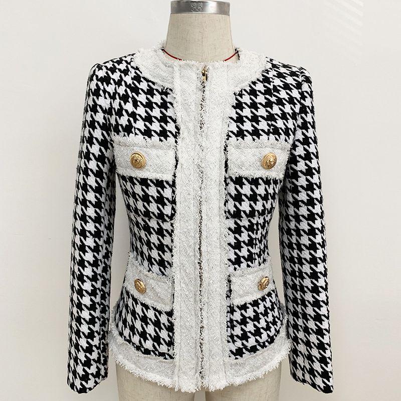 Women's Clothing autumn and winter star round neck zipper houndstooth fringed tweed jacket short coat_voghion.com