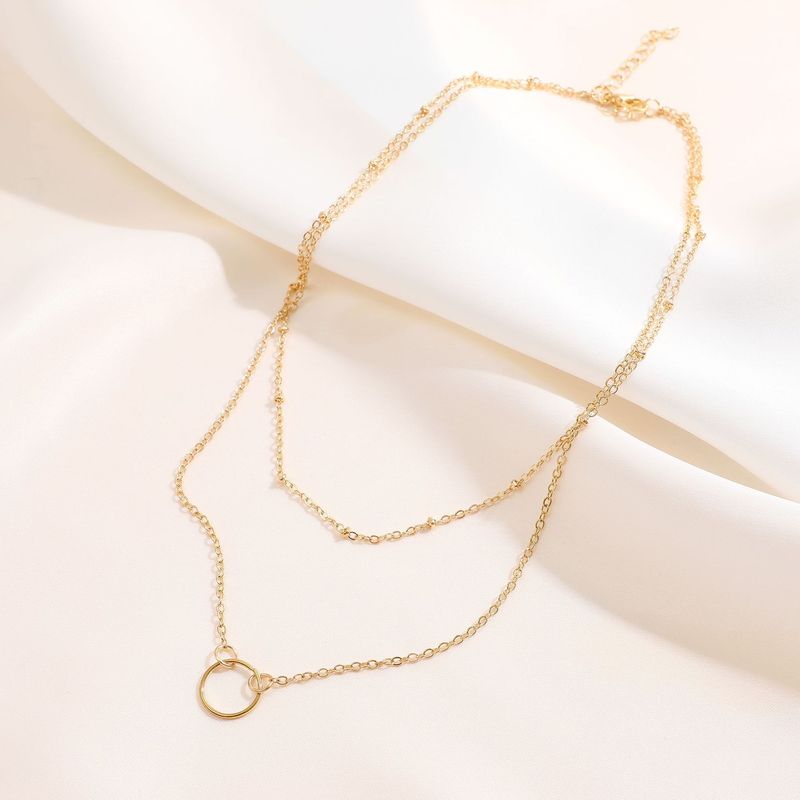Collier pendentif en forme de cercle avec chaîne de perles en cuivre à double couche et anneau simple rétro pour clavicule_voghion.com