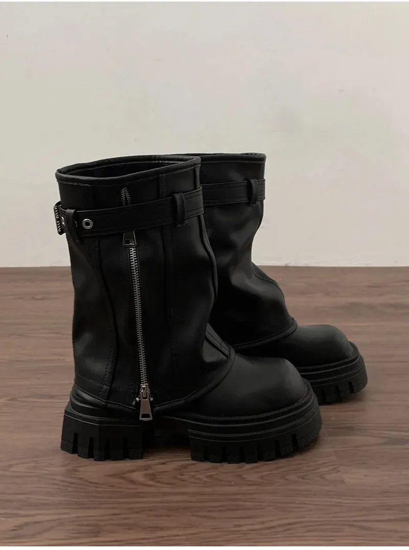 Elegant Women's Biker Boots With Belt Buckle And Platform Flat Sole_voghion.com