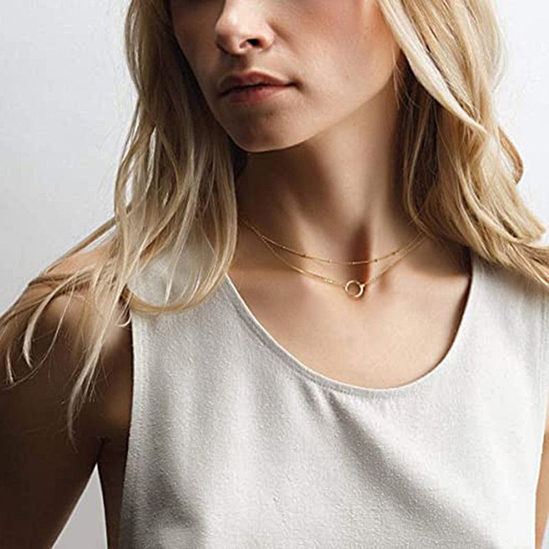 Collier pendentif en forme de cercle avec chaîne de perles en cuivre à double couche et anneau simple rétro pour clavicule_voghion.com