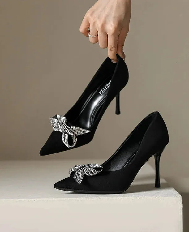 Scarpe da donna con tacco alto, estive, stiletto, per ufficio, nere, con punta a punta e fiocco, con tacco alla moda_voghion.com
