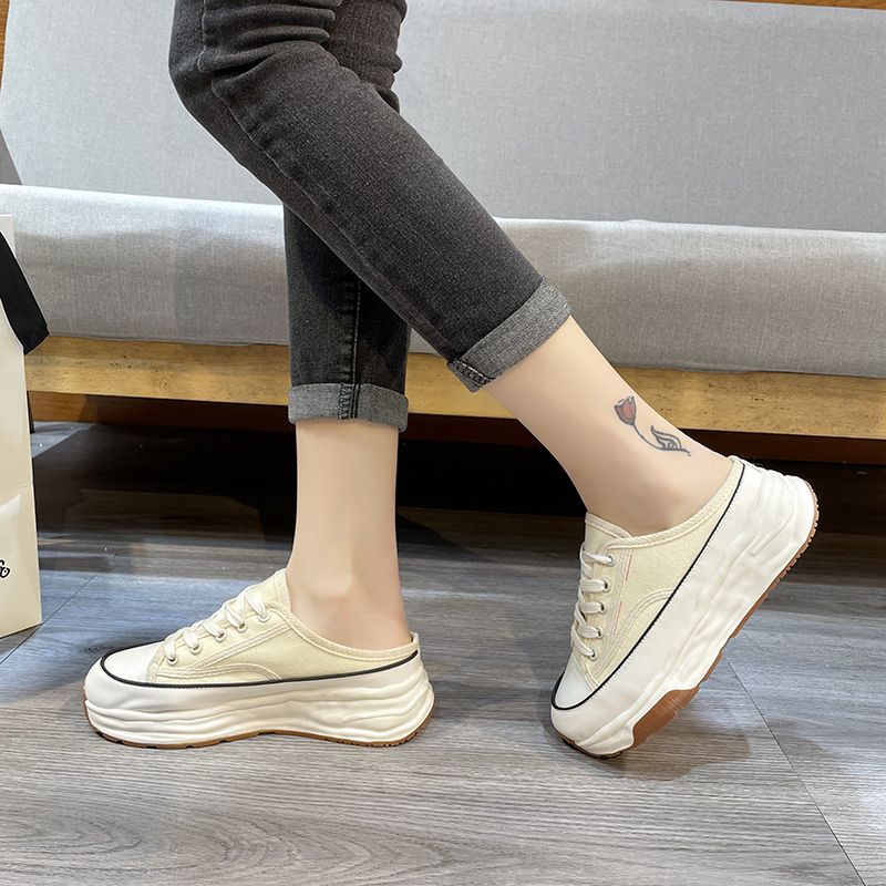 Pantofole casual in tela con lacci e stile Baotou, metà nuovo, primavera-autunno, moda donna 2023_voghion.com
