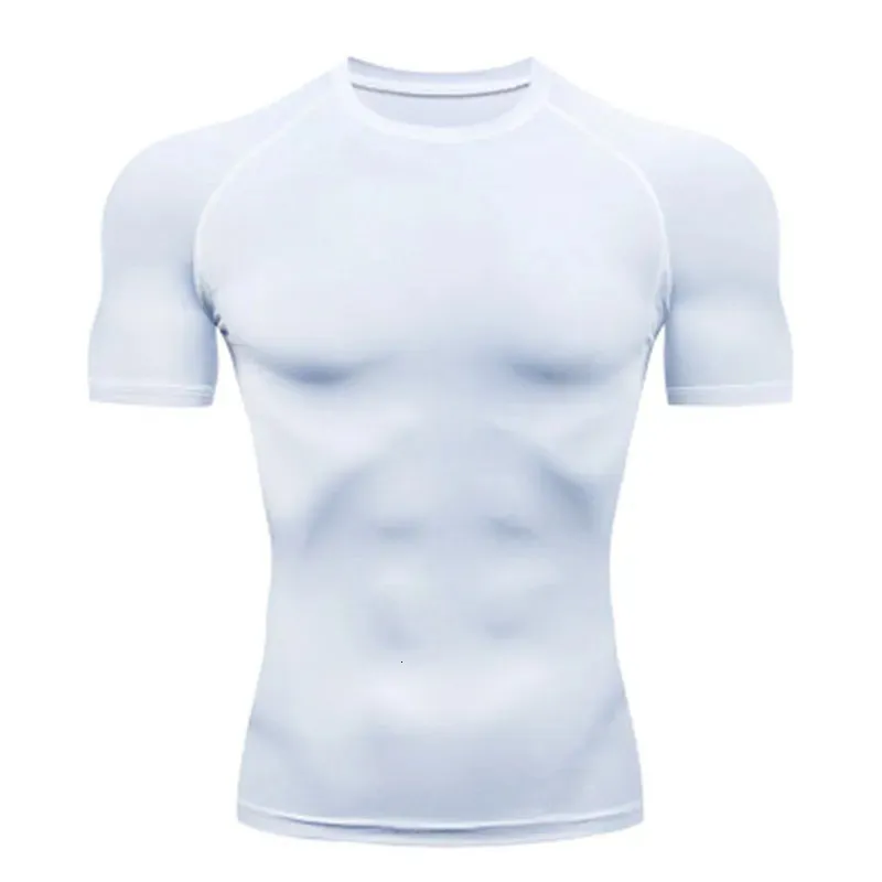 T-shirt de compression d'été pour homme, blanc, manches courtes, respirant, séchage rapide, haut de sport long, 241108_voghion.com
