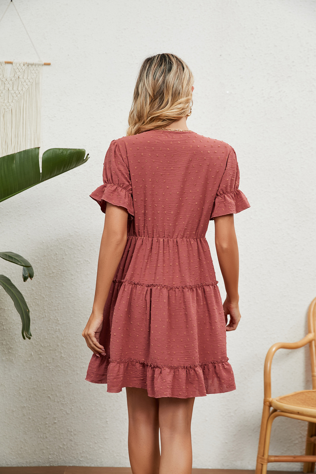 Damen-Kleid aus Jacquard-Wollknäuel mit V-Ausschnitt, lockeres, festes Kleid mit elastischer Taille_voghion.com