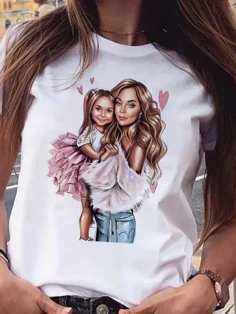 Heißer verkauf Cartoon und Sohn Tochter Muster Gedruckt T-Shirt Sommer Casual Haruku Y2K Frauen Top Atmungsaktive Mom leben Kurzarm_voghion.com