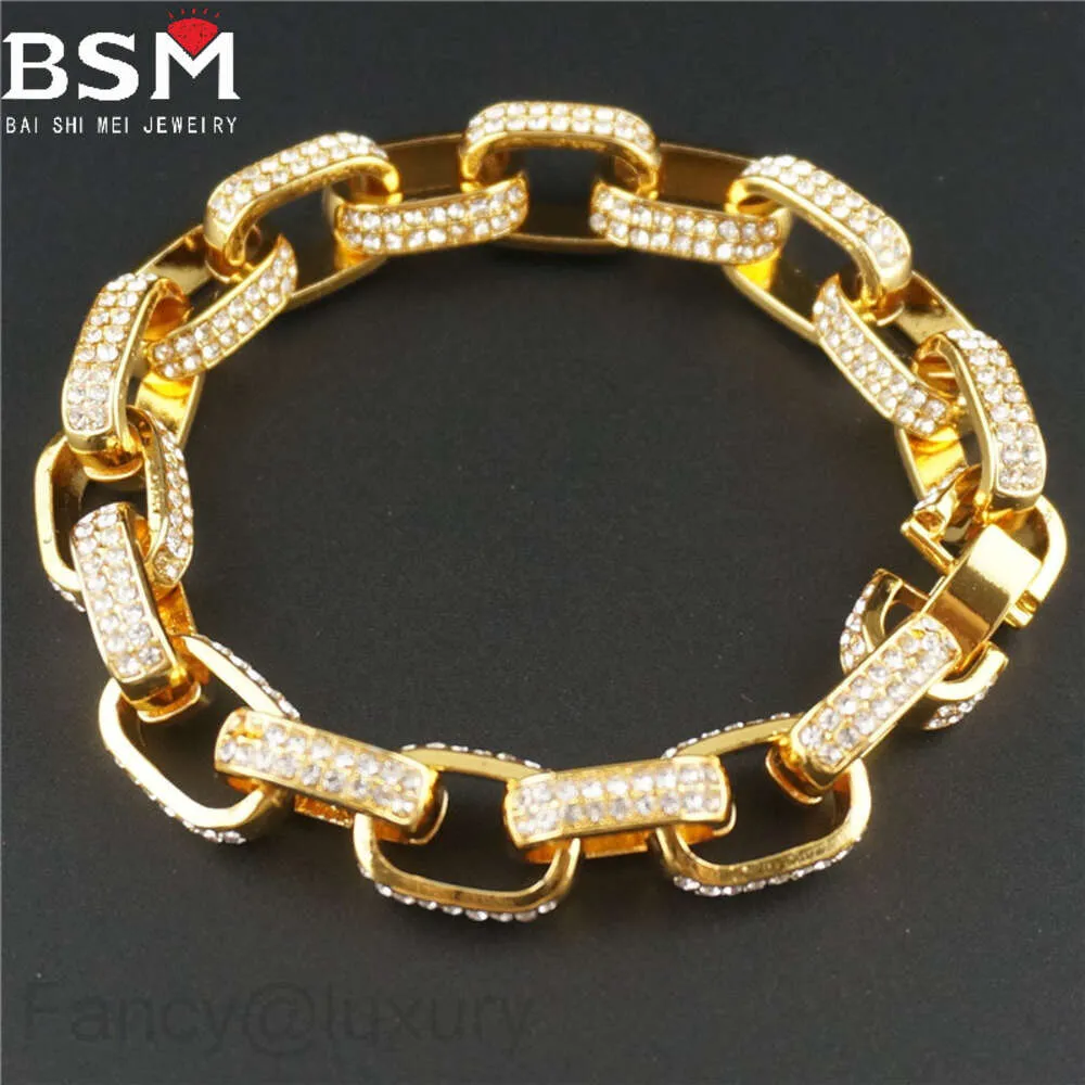 Simple Square Three-dimensional Box Full Of Rhinestones Hiphop Trendy Cuban Chain Thick Bracelet_voghion.com