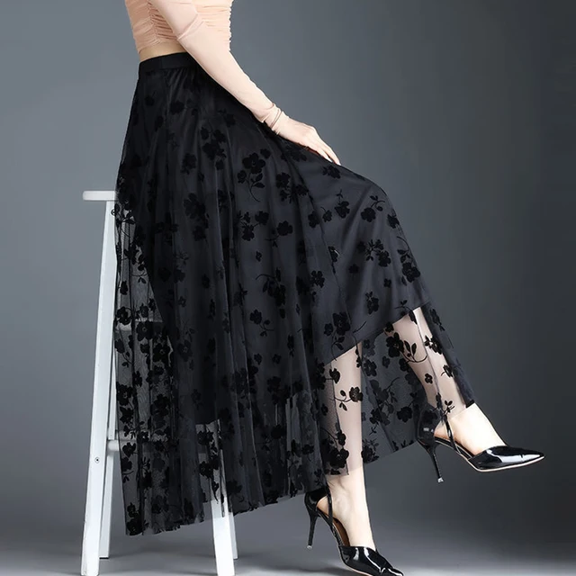 hot selling Korean Women Tulle Fashion Summer Hook Floral Loose Midi Skirt Elegant Female Casual All Match Mesh Skirts New_voghion.com
