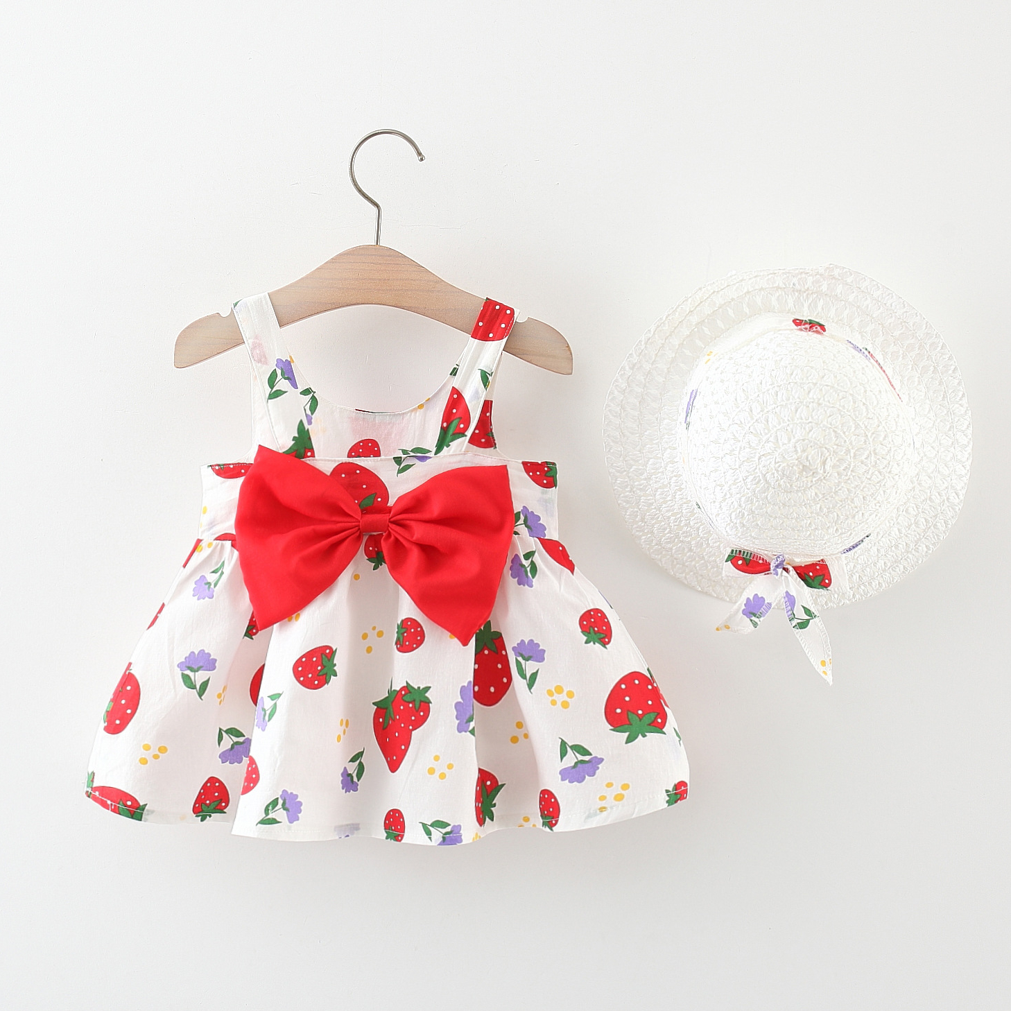 Vestido para niña con estampado de fresas y lazo, ropa de playa para bebé, sombrero incluido_voghion.com