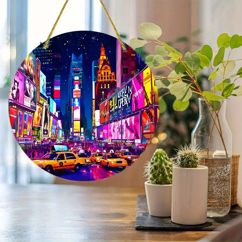 Neon City Night Acrylic Sign - 8" Round Window Art. Vibrant Party Decor For Holidays Or As A Stylish Gift._voghion.com