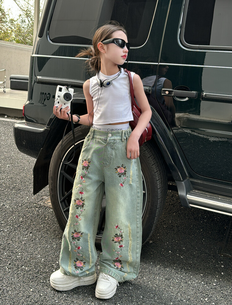 Blugi brodați pentru mame și copii, fete, pantaloni largi casual pentru copii mari, pantaloni drepți pentru fete_voghion.com