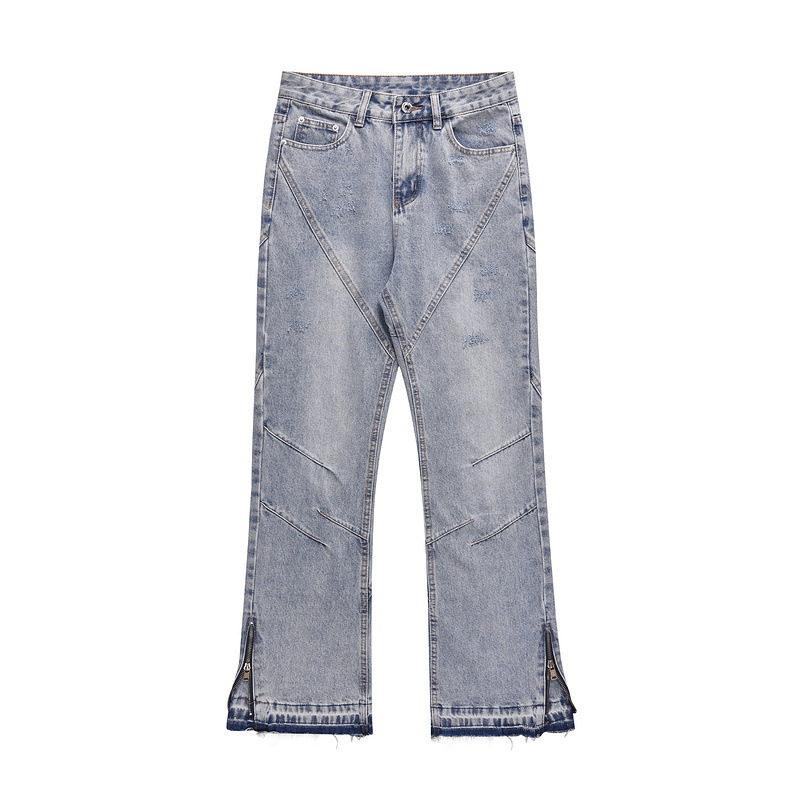 Vêtements pour hommes rétro délavés côté fermeture éclair couture jeans détruits pantalon jambes style ambiance pantalon décontracté