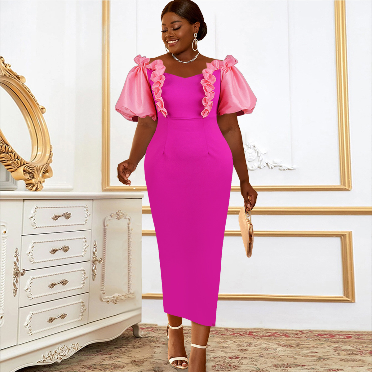 Women's puff sleeve temperament long skirt large size waist dress dresses_voghion.com