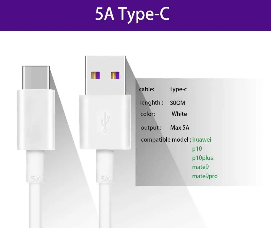 Cable USB-C tipo C de 30 cm y 5 A para teléfonos móviles Huawei, Xiaomi, Samsung y Android. Cable de carga superrápida tipo C._voghion.com