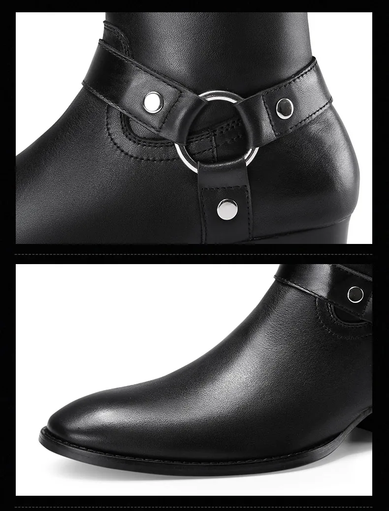 Vente chaude - Mode Biker Chaînes Cheville Hommes Bout Pointu Boucle En Cuir Marron Bottes Habillées Chaussures Hommes_voghion.com