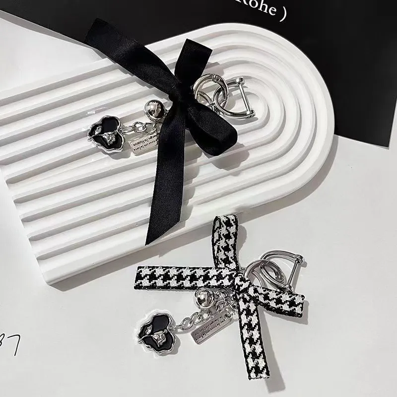 French Bowknot Keychain Black Love Rose Phone Chain Headphone Case Pendant Camera Charms Bag Decor Car Keyring_voghion.com