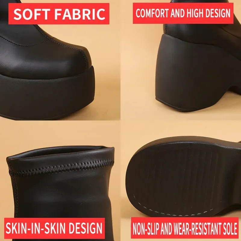Gothic Womens Sexy Short and Fat Platform Soft Leather Ankle Boots Comfortable Walking Sock Sole Size 42 240911_voghion.com