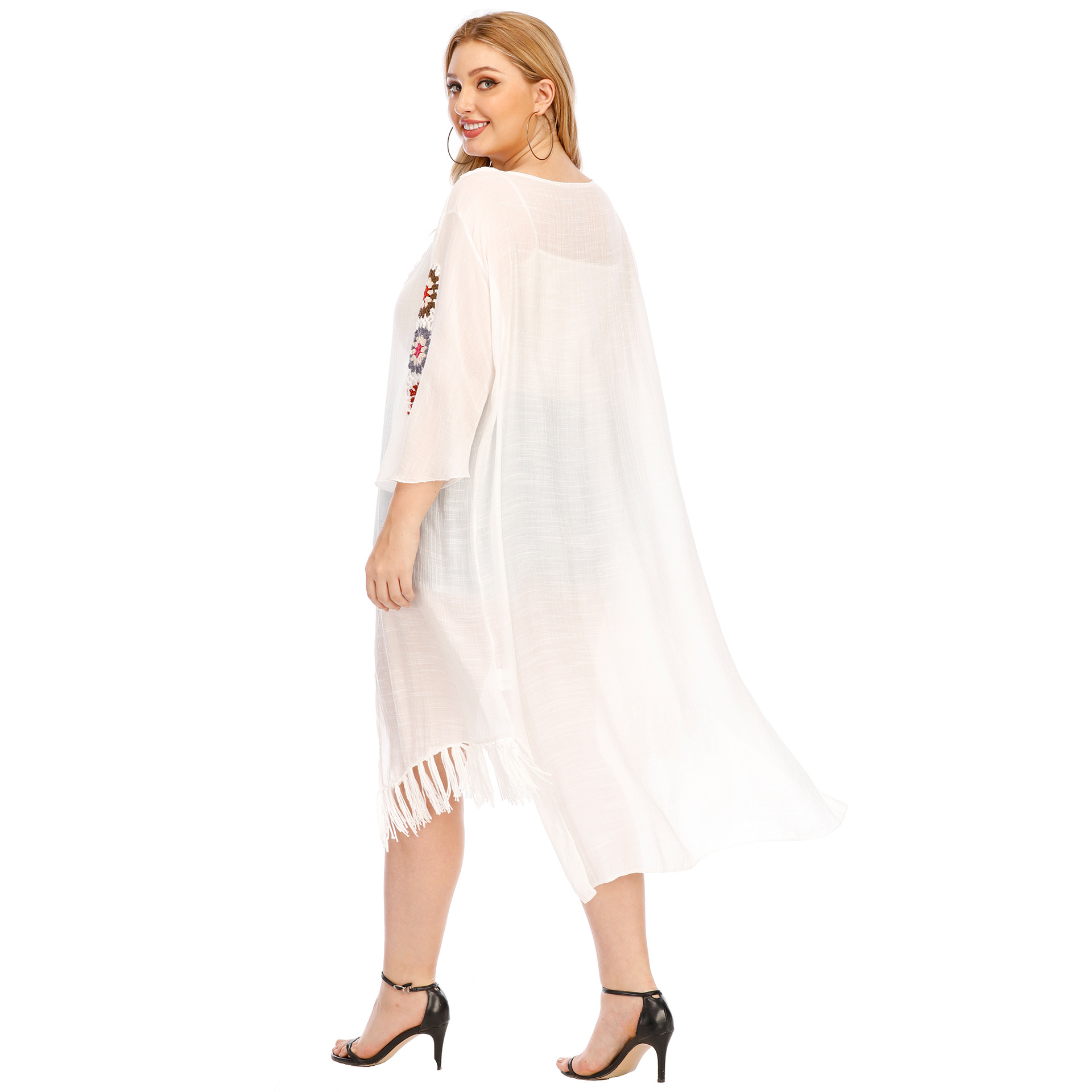 abbigliamento da donna di grandi dimensioni lavorato a mano all'uncinetto con giunture di fiori, nappa irregolare, spallina, protezione solare, cardigan_voghion.com